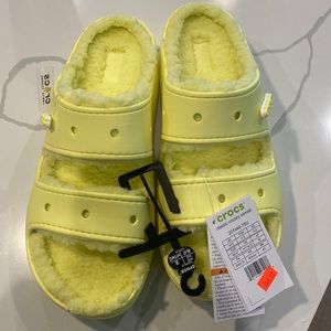 Neon yellow fuzzy crocs